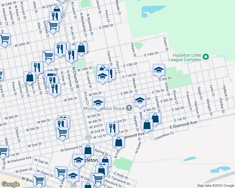 map of restaurants, bars, coffee shops, grocery stores, and more near 663 Carson Street in Hazleton