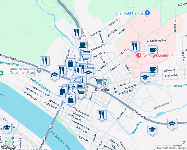 map of restaurants, bars, coffee shops, grocery stores, and more near 127 Center Street in Danville
