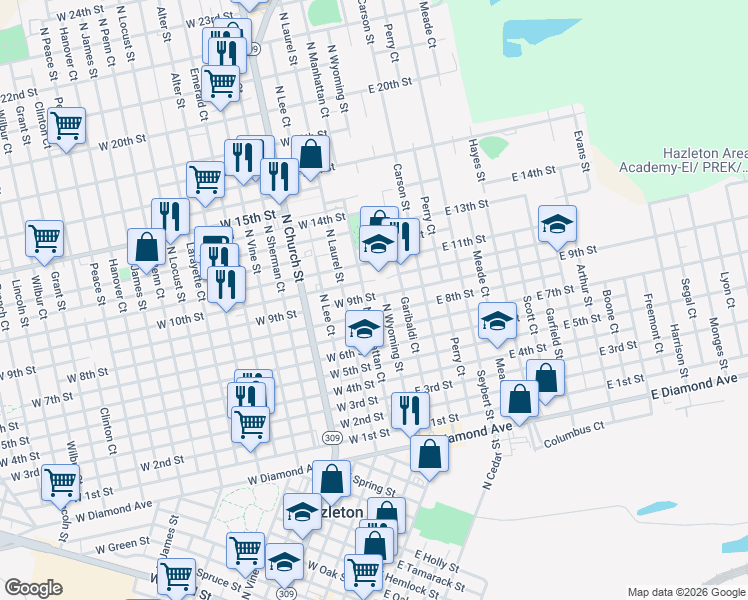 map of restaurants, bars, coffee shops, grocery stores, and more near 673 North Laurel Street in Hazleton