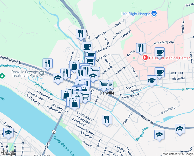 map of restaurants, bars, coffee shops, grocery stores, and more near 119 Center Street in Danville
