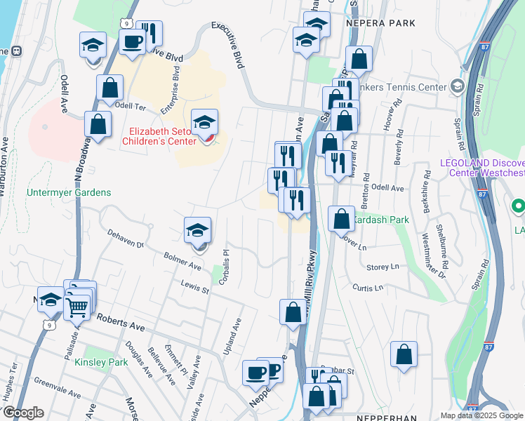 map of restaurants, bars, coffee shops, grocery stores, and more near 49 Serena Lane in Yonkers