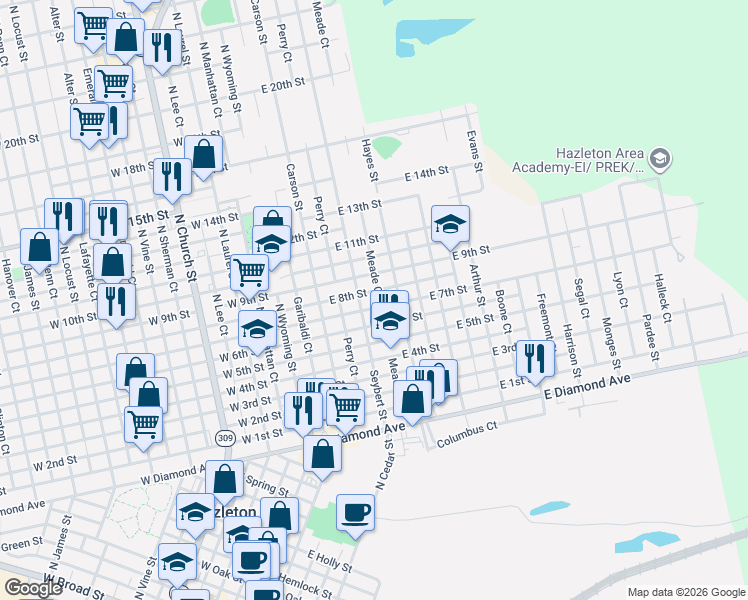 map of restaurants, bars, coffee shops, grocery stores, and more near 629 Seybert Street in Hazleton