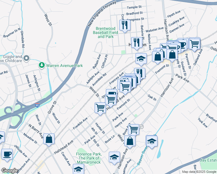 map of restaurants, bars, coffee shops, grocery stores, and more near 64 Sterling Avenue in Harrison