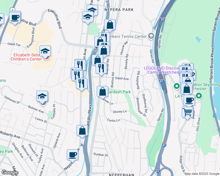 map of restaurants, bars, coffee shops, grocery stores, and more near 56 Bretton Road in Yonkers