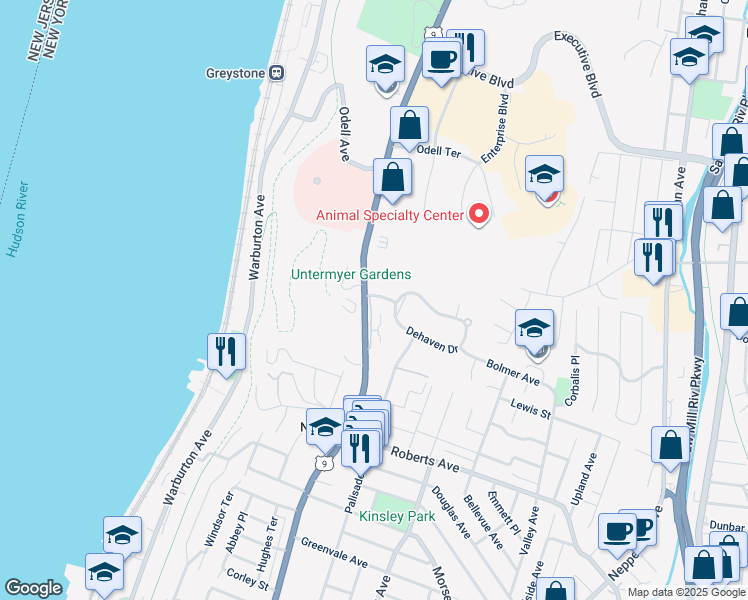 map of restaurants, bars, coffee shops, grocery stores, and more near 836 North Broadway in Yonkers