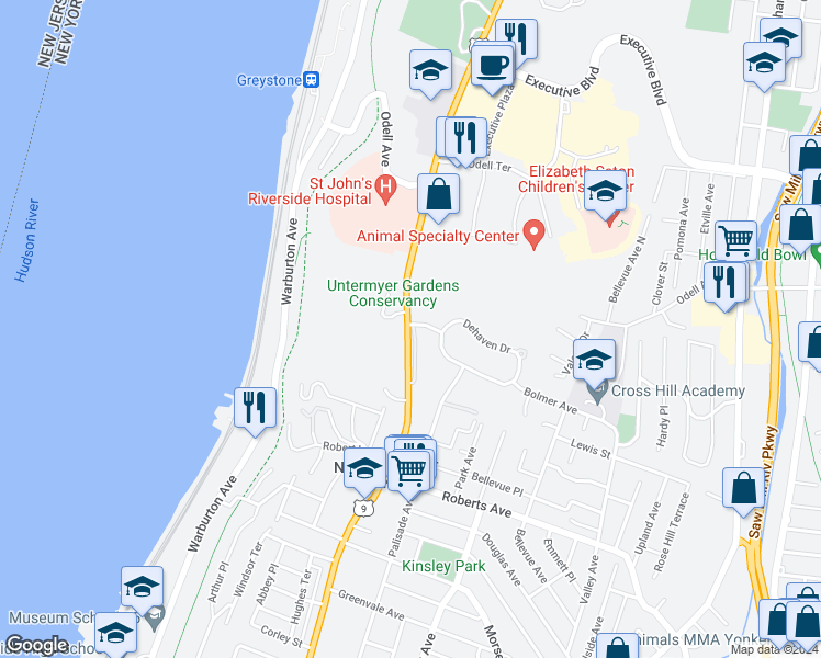 map of restaurants, bars, coffee shops, grocery stores, and more near 836 North Broadway in Yonkers