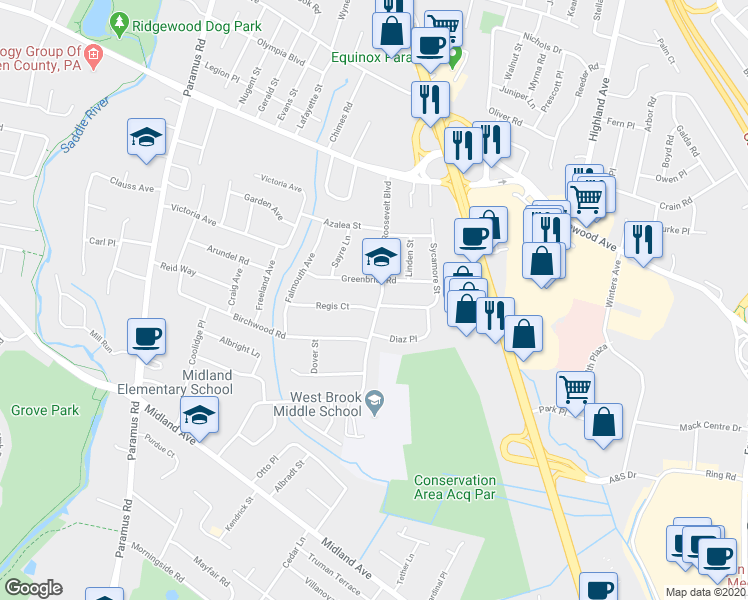 map of restaurants, bars, coffee shops, grocery stores, and more near 62 Sycamore Street in Paramus