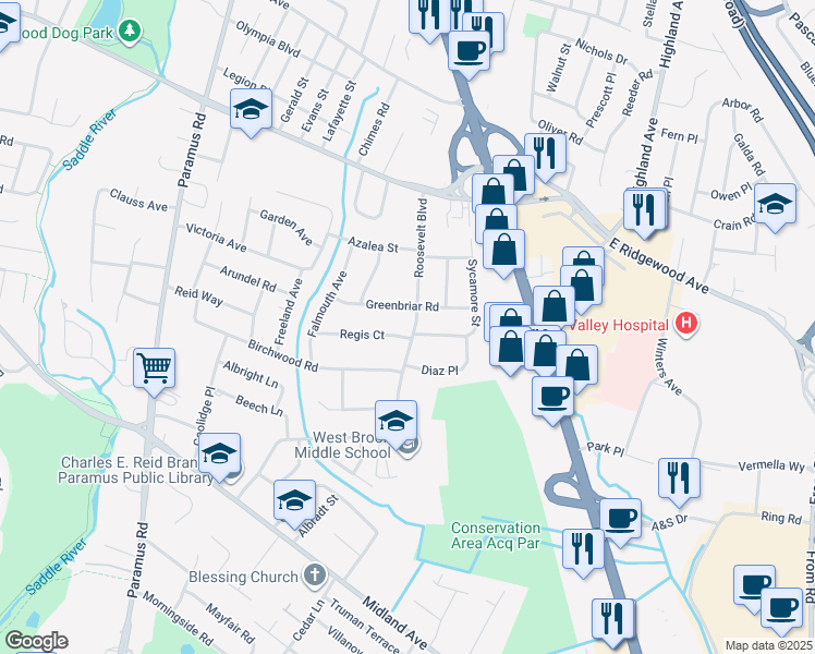 map of restaurants, bars, coffee shops, grocery stores, and more near 62 Sycamore Street in Paramus
