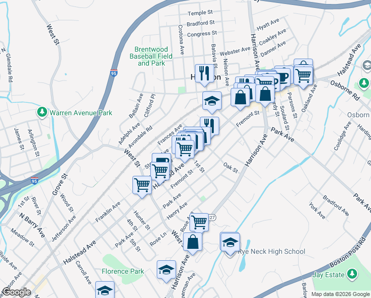 map of restaurants, bars, coffee shops, grocery stores, and more near in Harrison