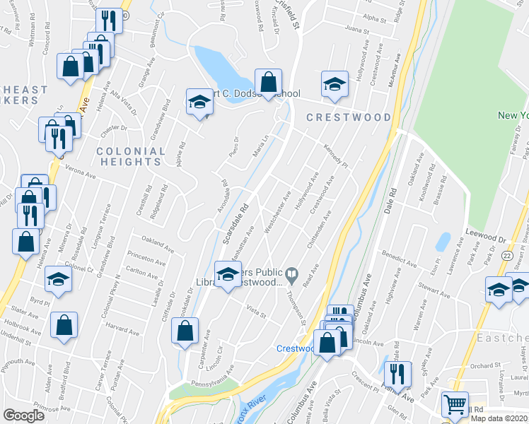 map of restaurants, bars, coffee shops, grocery stores, and more near 130 Manhattan Avenue in Yonkers