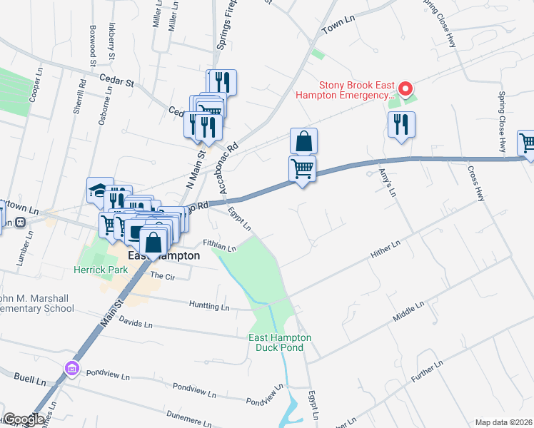 map of restaurants, bars, coffee shops, grocery stores, and more near 18 Egypt Lane in East Hampton