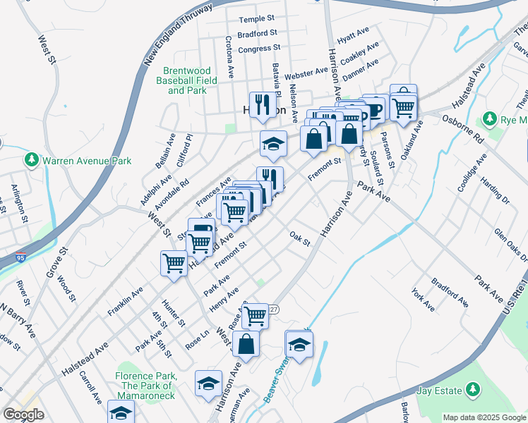 map of restaurants, bars, coffee shops, grocery stores, and more near 149 Halstead Avenue in Harrison