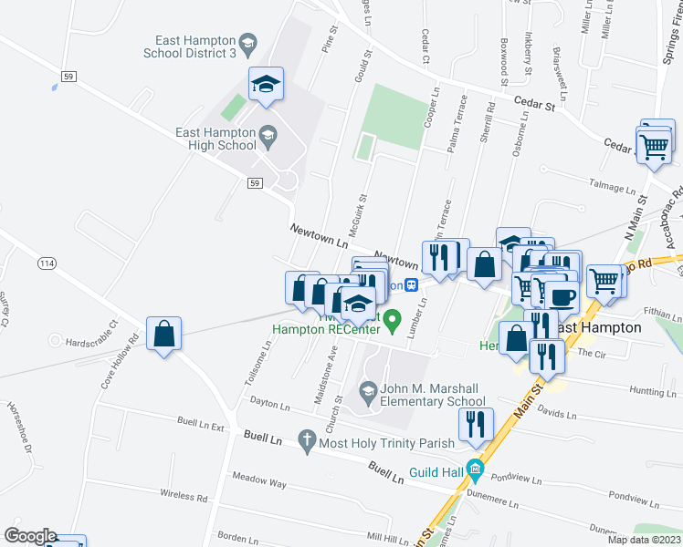 map of restaurants, bars, coffee shops, grocery stores, and more near 16 King Street in East Hampton