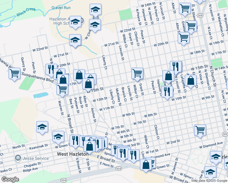 map of restaurants, bars, coffee shops, grocery stores, and more near 790 McKinley Street in Hazleton