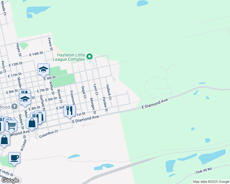 map of restaurants, bars, coffee shops, grocery stores, and more near Thompson Street in Hazleton