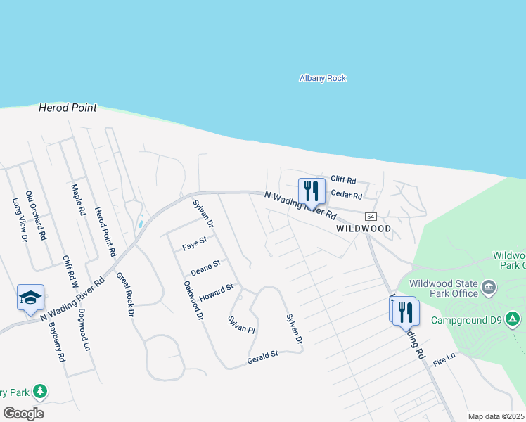 map of restaurants, bars, coffee shops, grocery stores, and more near 7 1st Street in Wading River