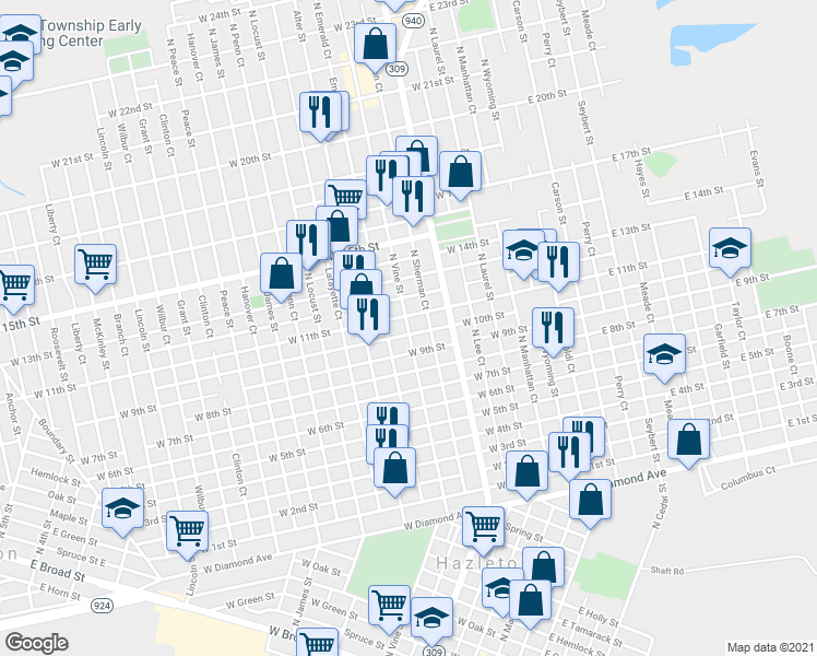 map of restaurants, bars, coffee shops, grocery stores, and more near 713 North Vine Street in Hazleton