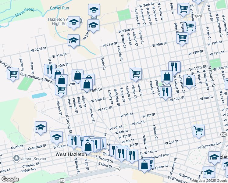 map of restaurants, bars, coffee shops, grocery stores, and more near 790 McKinley Street in Hazleton