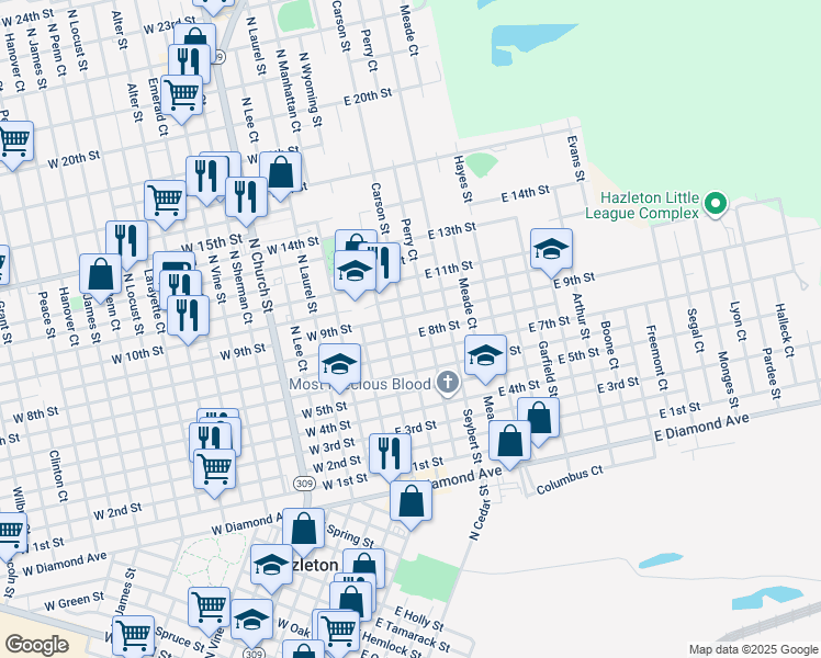 map of restaurants, bars, coffee shops, grocery stores, and more near 663 Carson Street in Hazleton