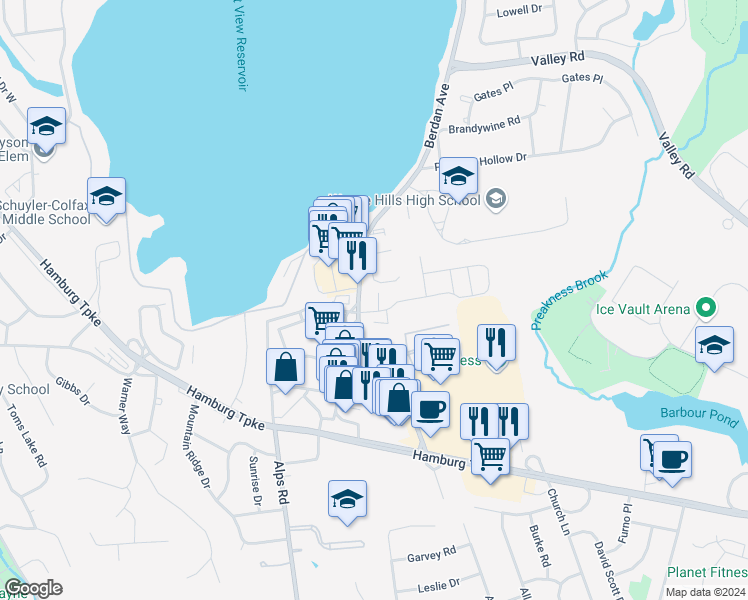 map of restaurants, bars, coffee shops, grocery stores, and more near 1210 Brittany Drive in Wayne