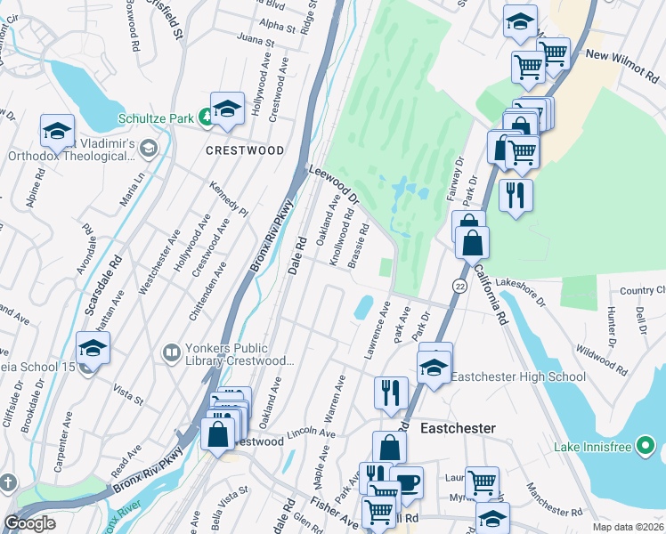 map of restaurants, bars, coffee shops, grocery stores, and more near 18 Cross Hill Road in Eastchester