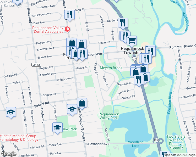 map of restaurants, bars, coffee shops, grocery stores, and more near 30 Village Road in Pequannock Township