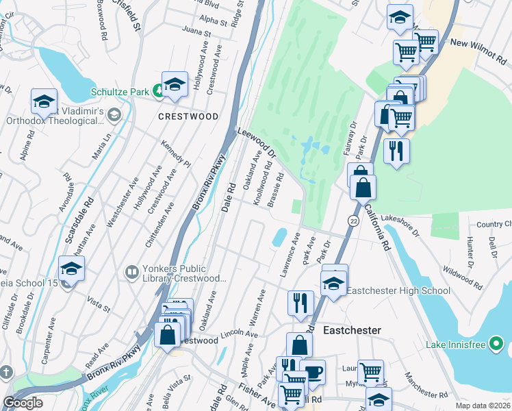 map of restaurants, bars, coffee shops, grocery stores, and more near 18 Cross Hill Road in Eastchester