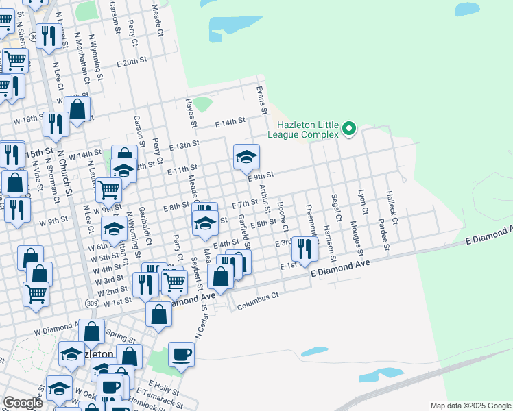 map of restaurants, bars, coffee shops, grocery stores, and more near 400-420 East 6th Street in Hazleton