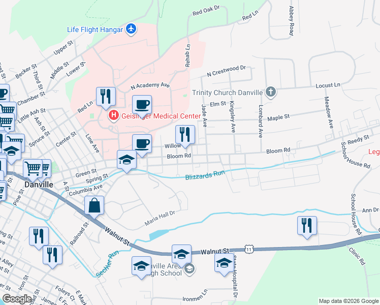 map of restaurants, bars, coffee shops, grocery stores, and more near 900-998 Bloom Road in Danville