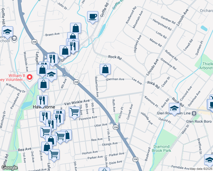 map of restaurants, bars, coffee shops, grocery stores, and more near 32 Kaywin Avenue in Hawthorne