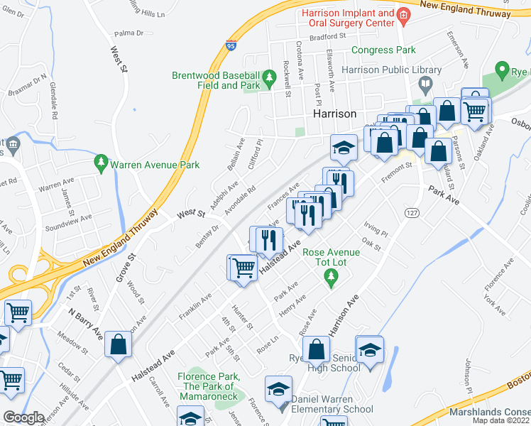 map of restaurants, bars, coffee shops, grocery stores, and more near 64 Sterling Avenue in Harrison