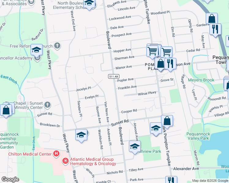 map of restaurants, bars, coffee shops, grocery stores, and more near 327 County Road 511 Alternate in Pequannock Township