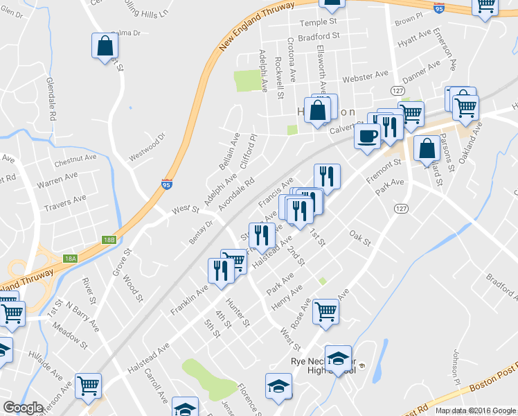 map of restaurants, bars, coffee shops, grocery stores, and more near 64 Sterling Avenue in Harrison