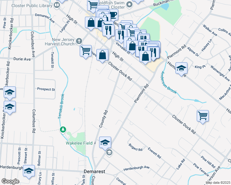 map of restaurants, bars, coffee shops, grocery stores, and more near 5 Eastview Terrace in Demarest