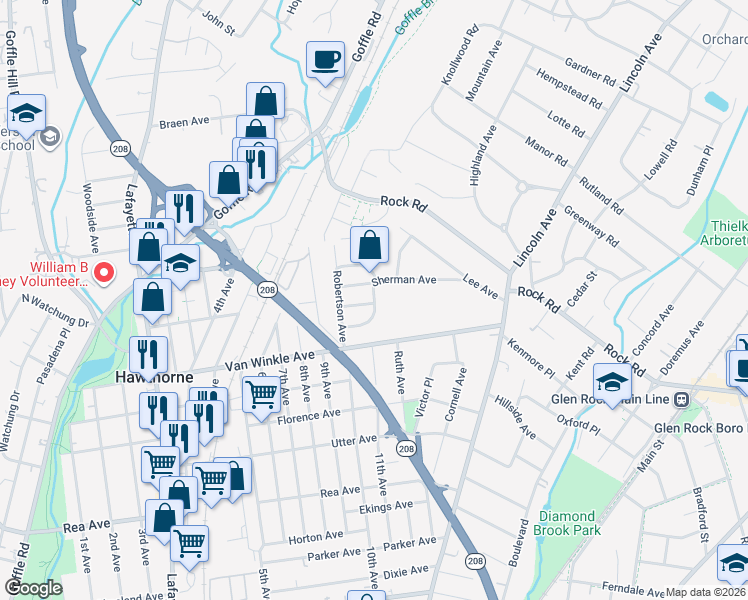 map of restaurants, bars, coffee shops, grocery stores, and more near 32 Kaywin Avenue in Hawthorne