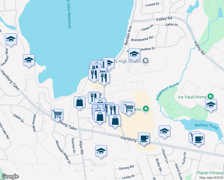 map of restaurants, bars, coffee shops, grocery stores, and more near 1124 Brittany Drive in Wayne