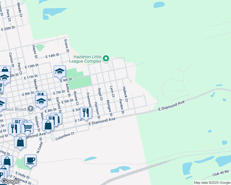 map of restaurants, bars, coffee shops, grocery stores, and more near 608 Pardee Street in Hazleton