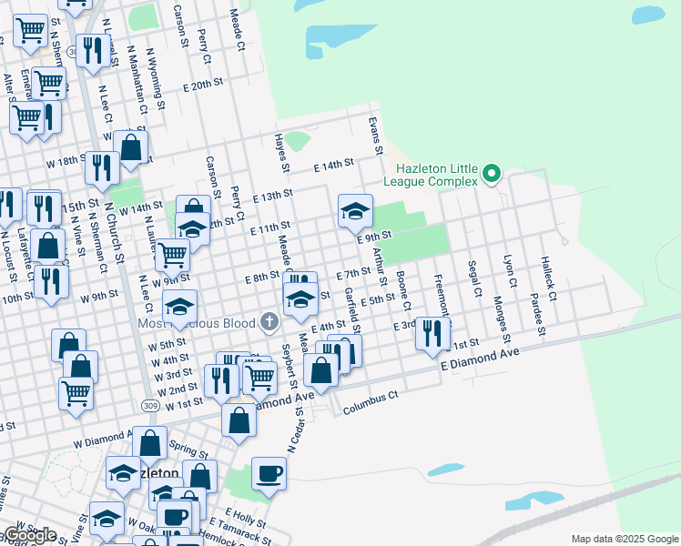 map of restaurants, bars, coffee shops, grocery stores, and more near 644 Garfield Street in Hazleton