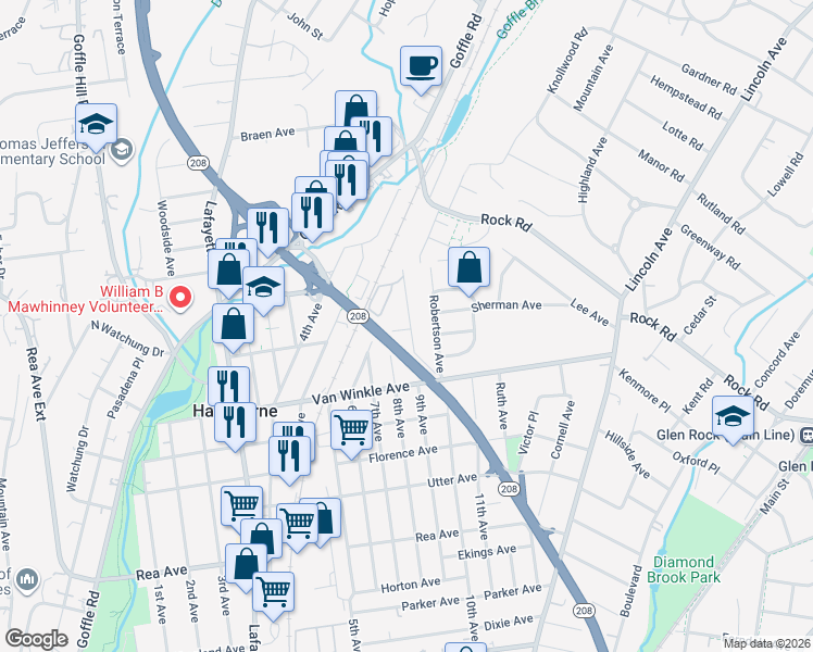 map of restaurants, bars, coffee shops, grocery stores, and more near 206 9th Avenue in Hawthorne