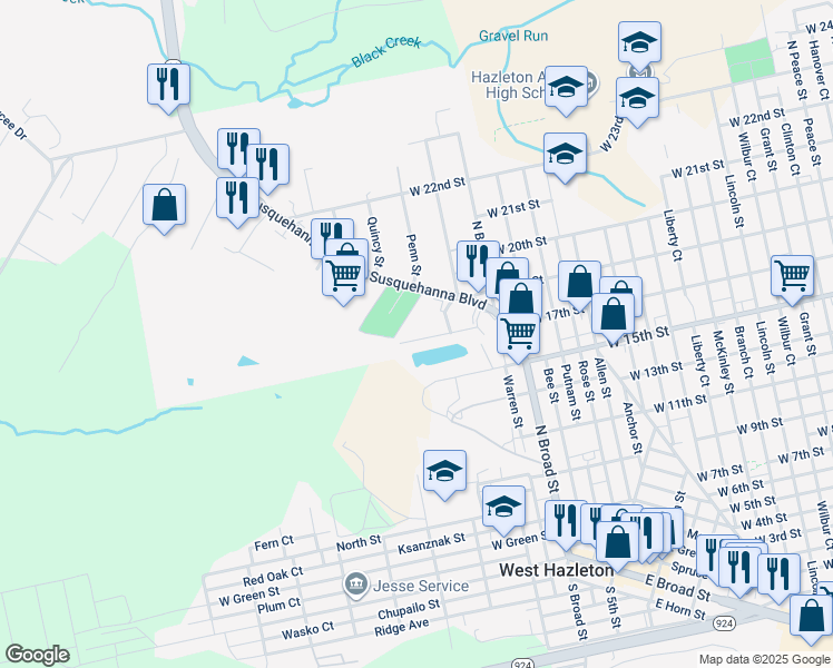 map of restaurants, bars, coffee shops, grocery stores, and more near 39 Park Street in West Hazleton