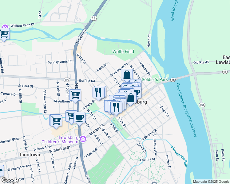 map of restaurants, bars, coffee shops, grocery stores, and more near 60 North 4th Street in Lewisburg
