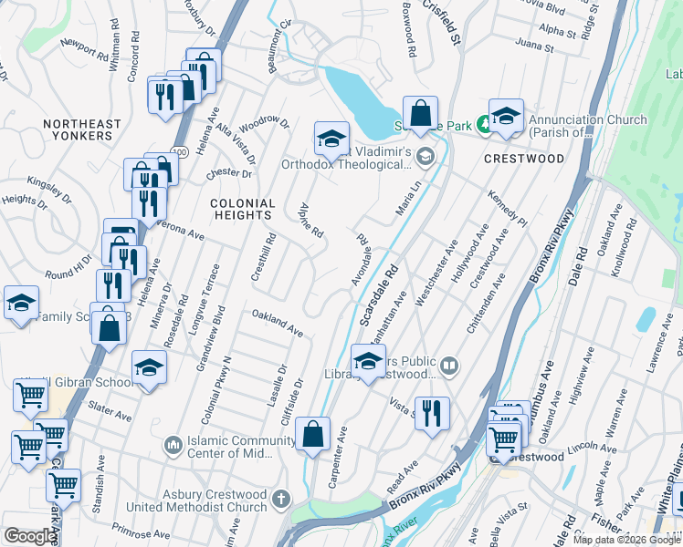map of restaurants, bars, coffee shops, grocery stores, and more near 33 Alta Vista Drive in Yonkers