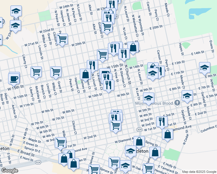 map of restaurants, bars, coffee shops, grocery stores, and more near 706 Alter Street in Hazleton