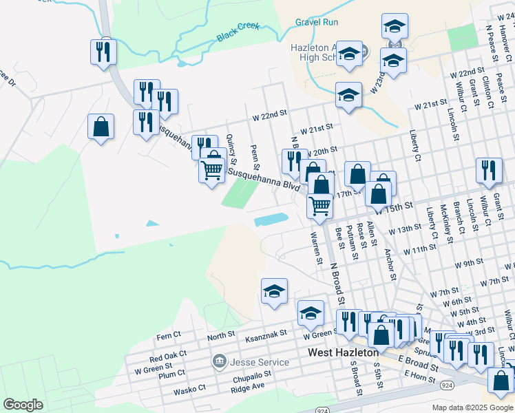 map of restaurants, bars, coffee shops, grocery stores, and more near 39 Park Street in West Hazleton