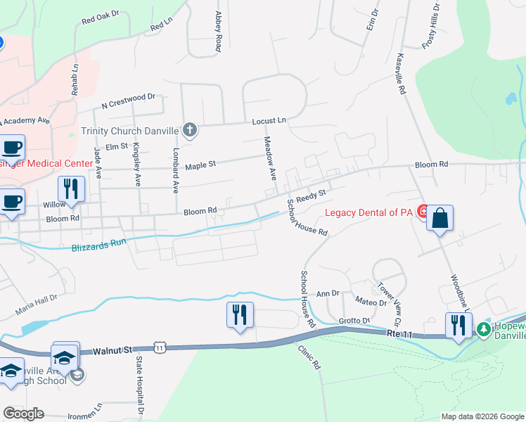 map of restaurants, bars, coffee shops, grocery stores, and more near 1428-1498 Brook Avenue in Danville