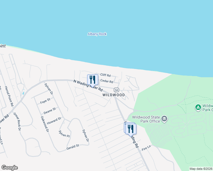 map of restaurants, bars, coffee shops, grocery stores, and more near 2974 North Wading River Road in Wading River