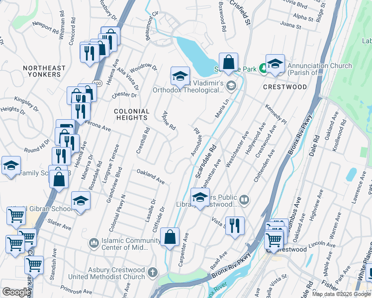 map of restaurants, bars, coffee shops, grocery stores, and more near 33 Alta Vista Drive in Yonkers