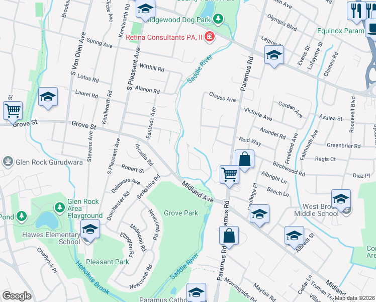 map of restaurants, bars, coffee shops, grocery stores, and more near 585 Grist Trail in Paramus