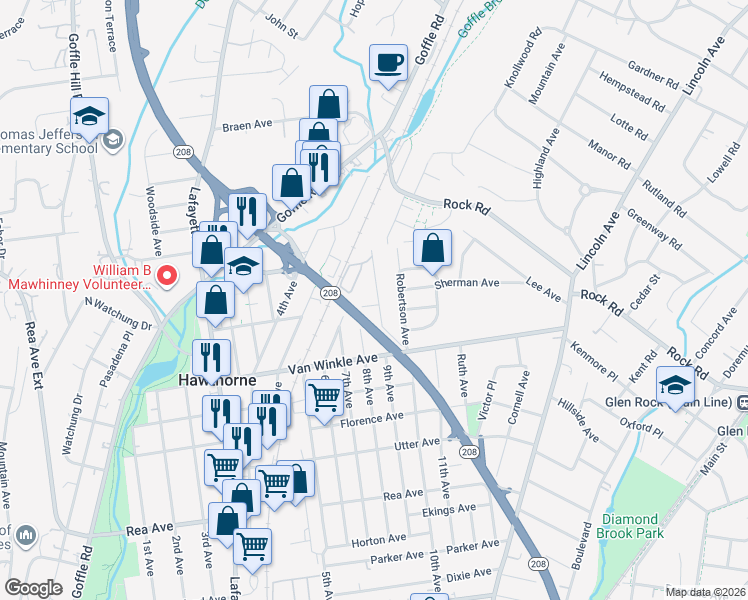 map of restaurants, bars, coffee shops, grocery stores, and more near 206 9th Avenue in Hawthorne