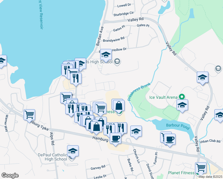 map of restaurants, bars, coffee shops, grocery stores, and more near 8012 Brittany Drive in Wayne